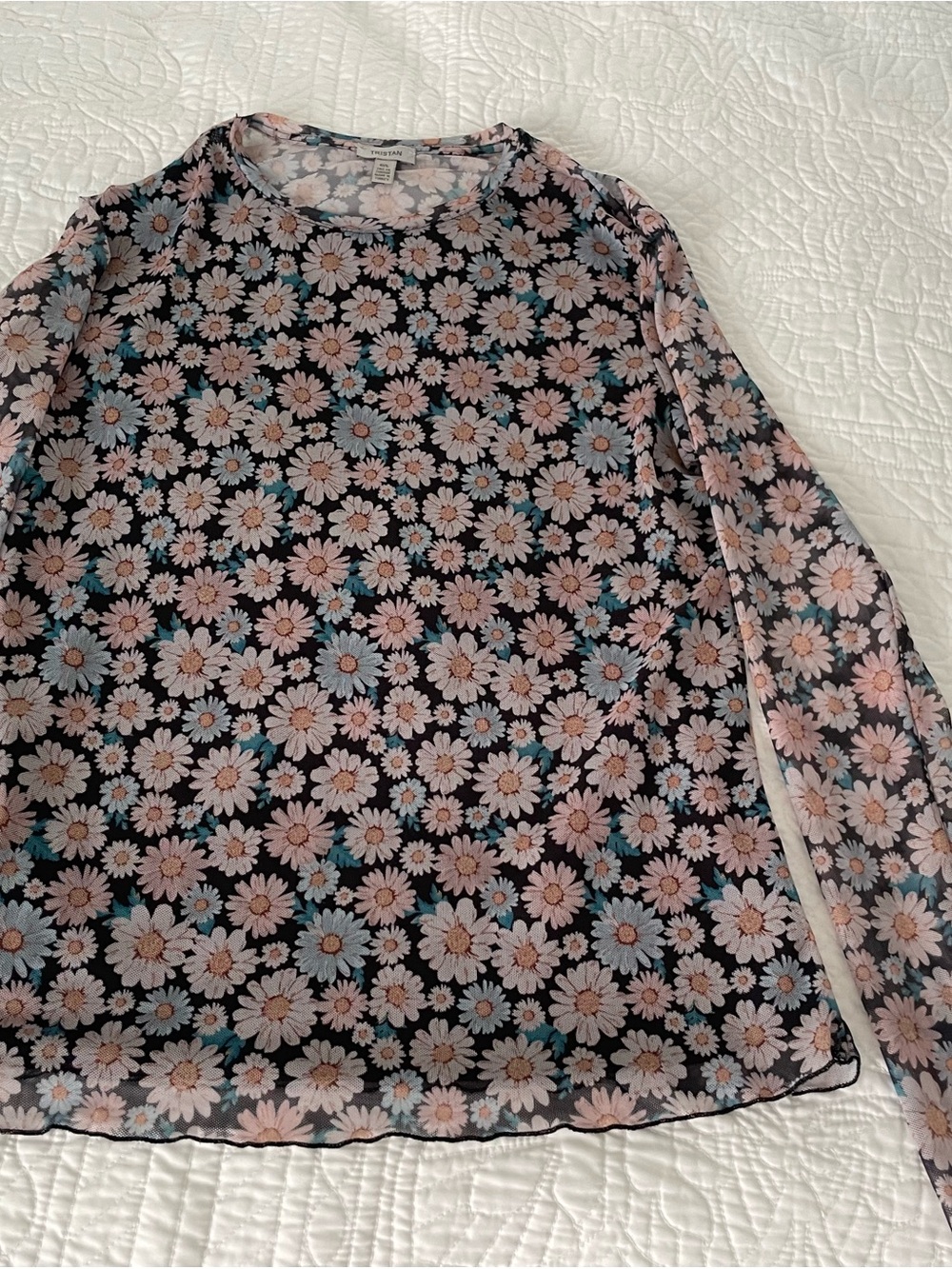 Tristan Black Sheer Floral Long-Sleeve Top with Pink and Blue Daisies